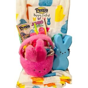 Peeps adorable pink Easter basket with 50 60 chick throw ,color book ,blue blow